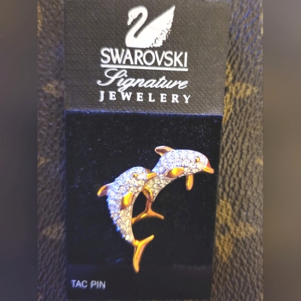 SWAROVSKI Double Dolphins Glitzy Tac Pin Sealife Flipper Rhinestones Gold Brooch - Picture 4 of 13